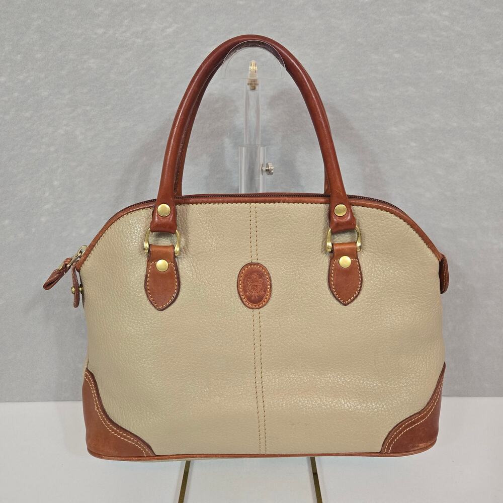 Vintage Liz Claiborne Genuine Leather Beige & Brown Purse Handbag Tote 13"x8"x4"